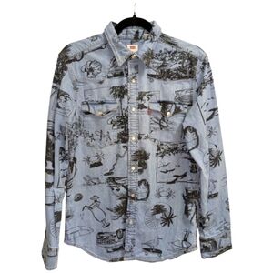 Levi's Western Pearl Snap Button Down Shirt Mens SM All Over Surf Pattern Blue